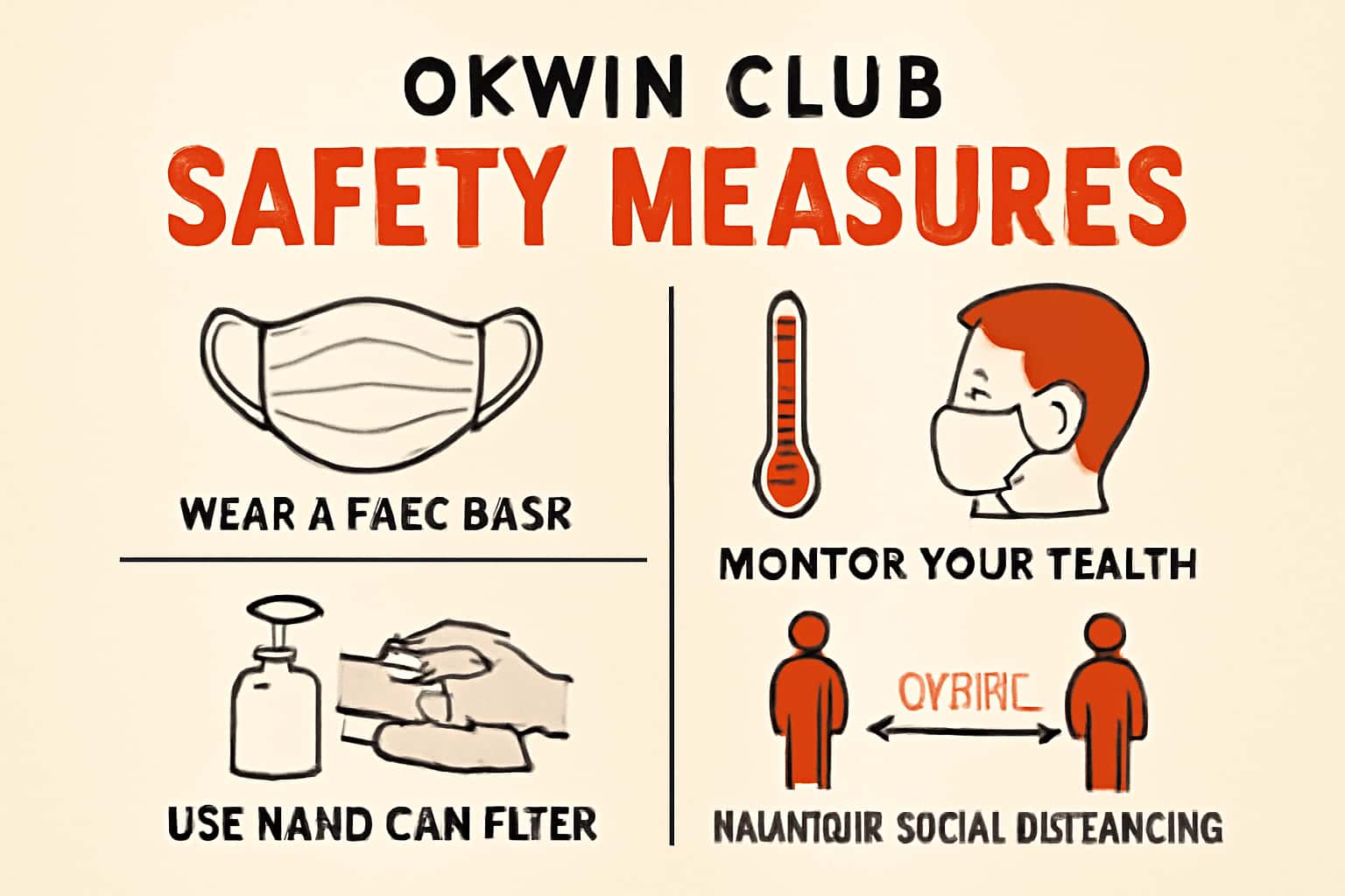 An informative visual representation of Okwin Club safety measures in a futuristic setting.